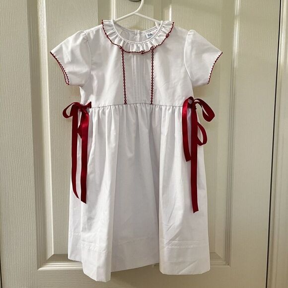 Lulu Bebe White and Red Natalie Embroidered Dress Side Bows Girls Size 4T - Picture 1 of 11